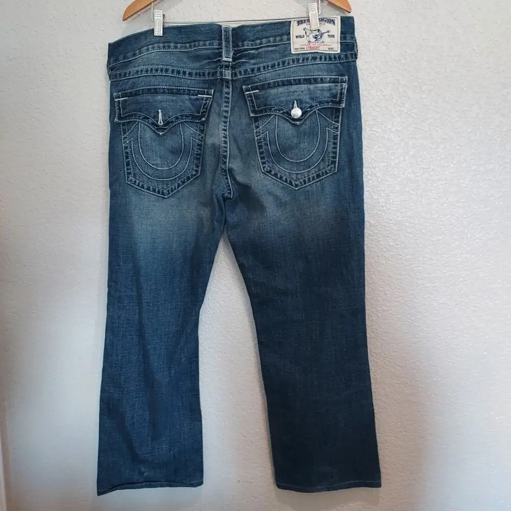 True Religion Distressed Straight Leg Blue Jeans Size 38
